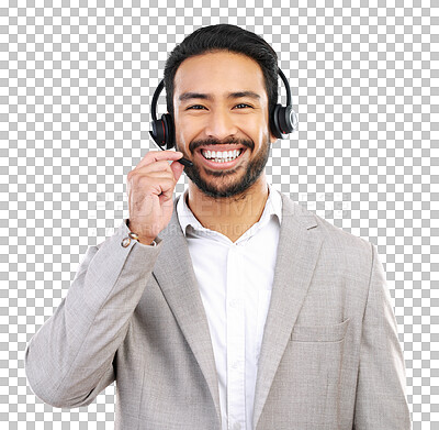 Buy stock photo Call center, business and smile with portrait of man on png for customer service, networking and advice. Technical support, contact us and agent with consultant isolated on transparent background