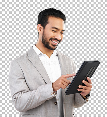 Buy stock photo Smile, tablet and young businessman doing research on the internet for corporate project. Happy, communication and male person networking on digital technology isolated by transparent png background.