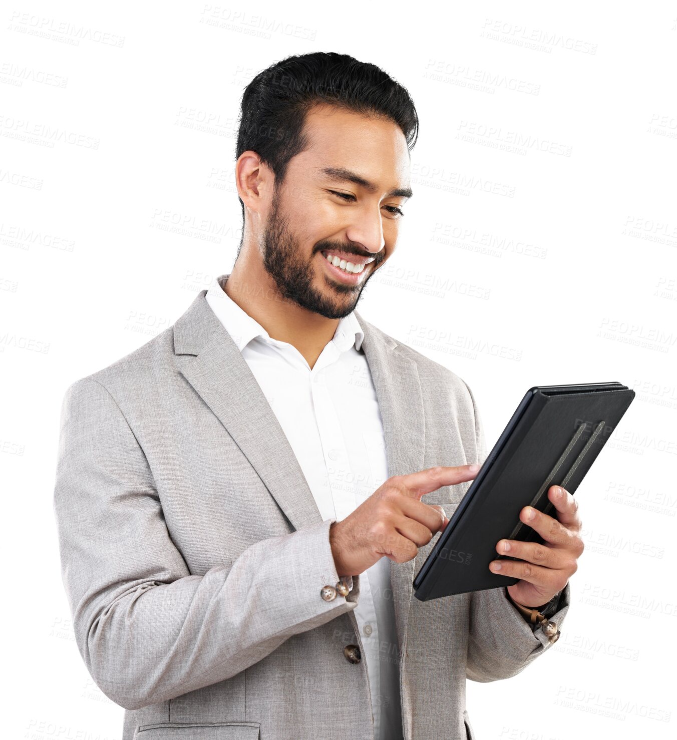 Buy stock photo Smile, tablet and young businessman doing research on the internet for corporate project. Happy, communication and male person networking on digital technology isolated by transparent png background.