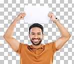 Poster, happy portrait mockup and man with marketing placard, studio advertising banner or product placement paper. Logo mock up, billboard promotion sign and brand person isolated on gray background