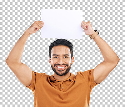 Buy stock photo Smile, poster and asian man with advertising or billboard for promo in png or isolated and transparent background. Logo, brand and male person with promotion sign or portrait for news with sale.