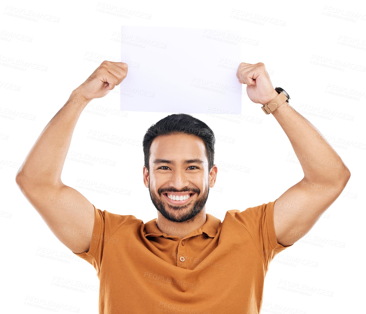 Buy stock photo Smile, poster and asian man with advertising or billboard for promo in png or isolated and transparent background. Logo, brand and male person with promotion sign or portrait for news with sale.