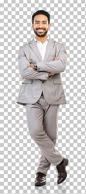 Buy stock photo Portrait, professional and a business man with arms crossed isolated on a transparent, png background. Corporate, smile and trust with a happy male employee looking confident in success of company