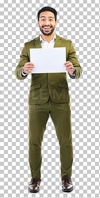 Buy stock photo Businessman, portrait and billboard for advertising, marketing or sign isolated on a transparent PNG background. Happy asian man or employee with paper, board or poster in advertisement and branding