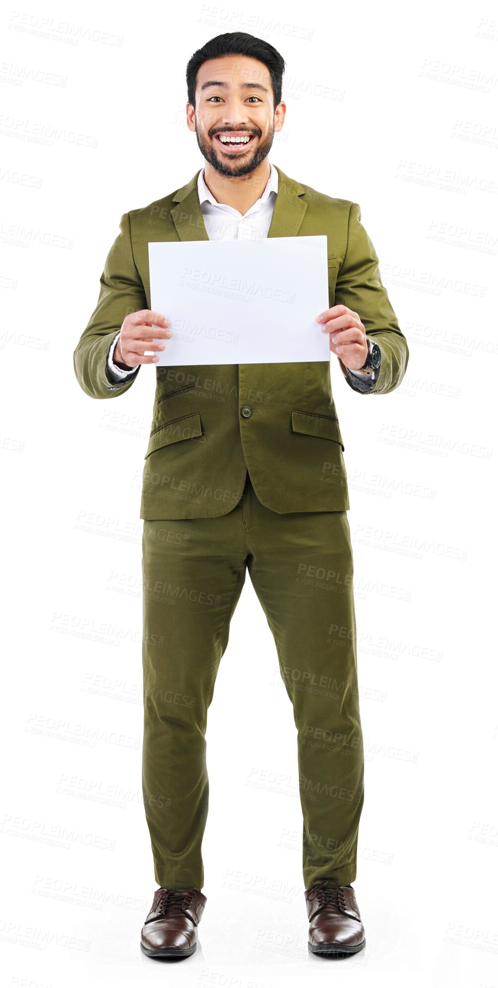 Buy stock photo Businessman, portrait and billboard for advertising, marketing or sign isolated on a transparent PNG background. Happy asian man or employee with paper, board or poster in advertisement and branding