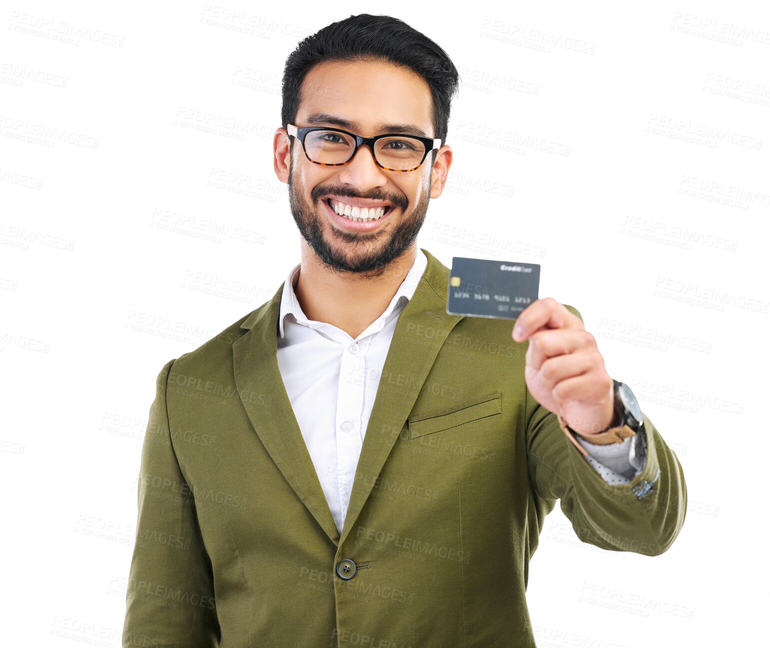 Buy stock photo Happy businessman, portrait and credit card for payment isolated on a transparent PNG background. Asian man, nerd or geek with smile for banking, online shopping or financial freedom and ecommerce