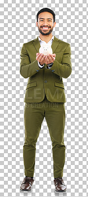 Buy stock photo Businessman, portrait and piggy bank for financial savings standing isolated on a transparent PNG background. Happy asian man with piggybank for finance investment, profit or coins and loan growth