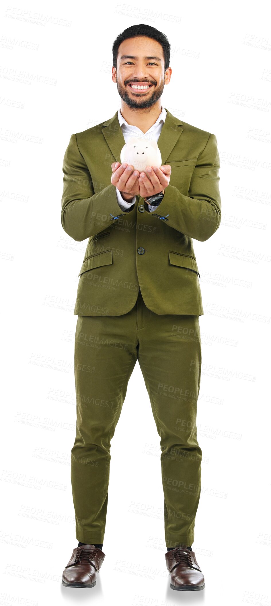 Buy stock photo Businessman, portrait and piggy bank for financial savings standing isolated on a transparent PNG background. Happy asian man with piggybank for finance investment, profit or coins and loan growth