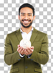 Smile, piggy bank and portrait of man in studio with happy financial freedom and security savings. Happiness, Indian businessman with money box and saving by investing in small business startup plan.