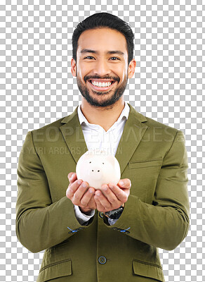 Buy stock photo Businessman, portrait and piggy bank for coins, savings or investing isolated on a transparent PNG background. Happy asian man with piggybank for finance investment, profit or financial growth