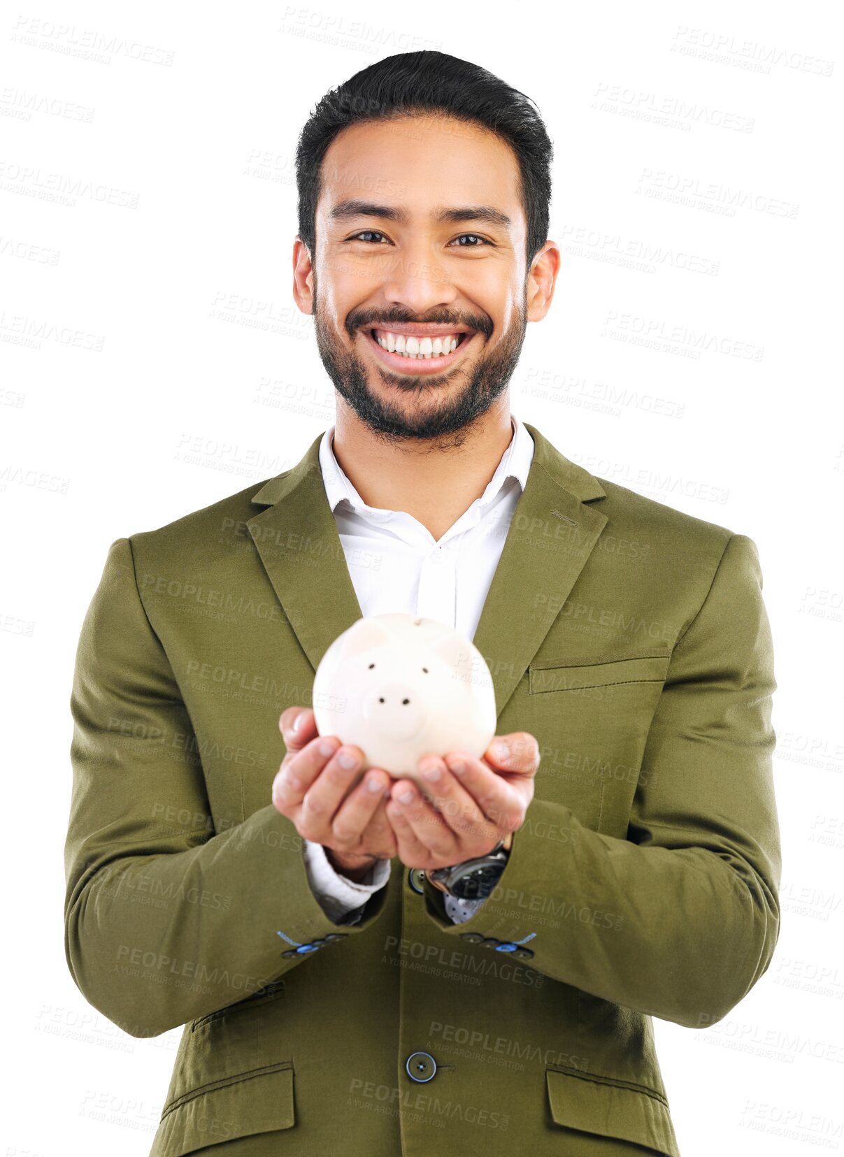 Buy stock photo Businessman, portrait and piggy bank for coins, savings or investing isolated on a transparent PNG background. Happy asian man with piggybank for finance investment, profit or financial growth