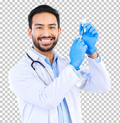 Buy stock photo Vaccine, doctor and syringe with portrait of man on png for medical, pharmacy and treatment. Medicine, healthcare and wellness with person isolated on transparent background for injection and bottle