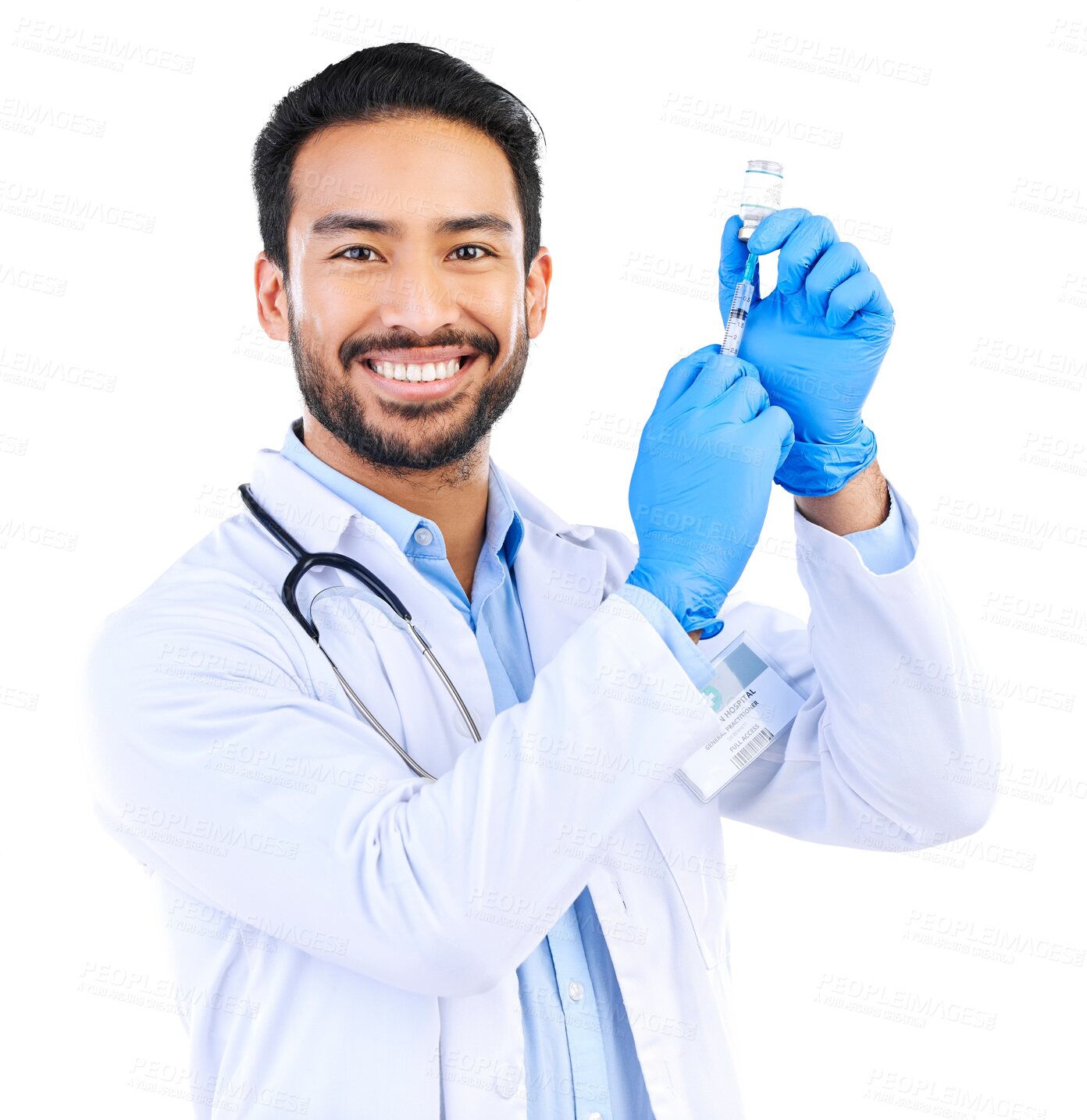 Buy stock photo Vaccine, doctor and syringe with portrait of man on png for medical, pharmacy and treatment. Medicine, healthcare and wellness with person isolated on transparent background for injection and bottle