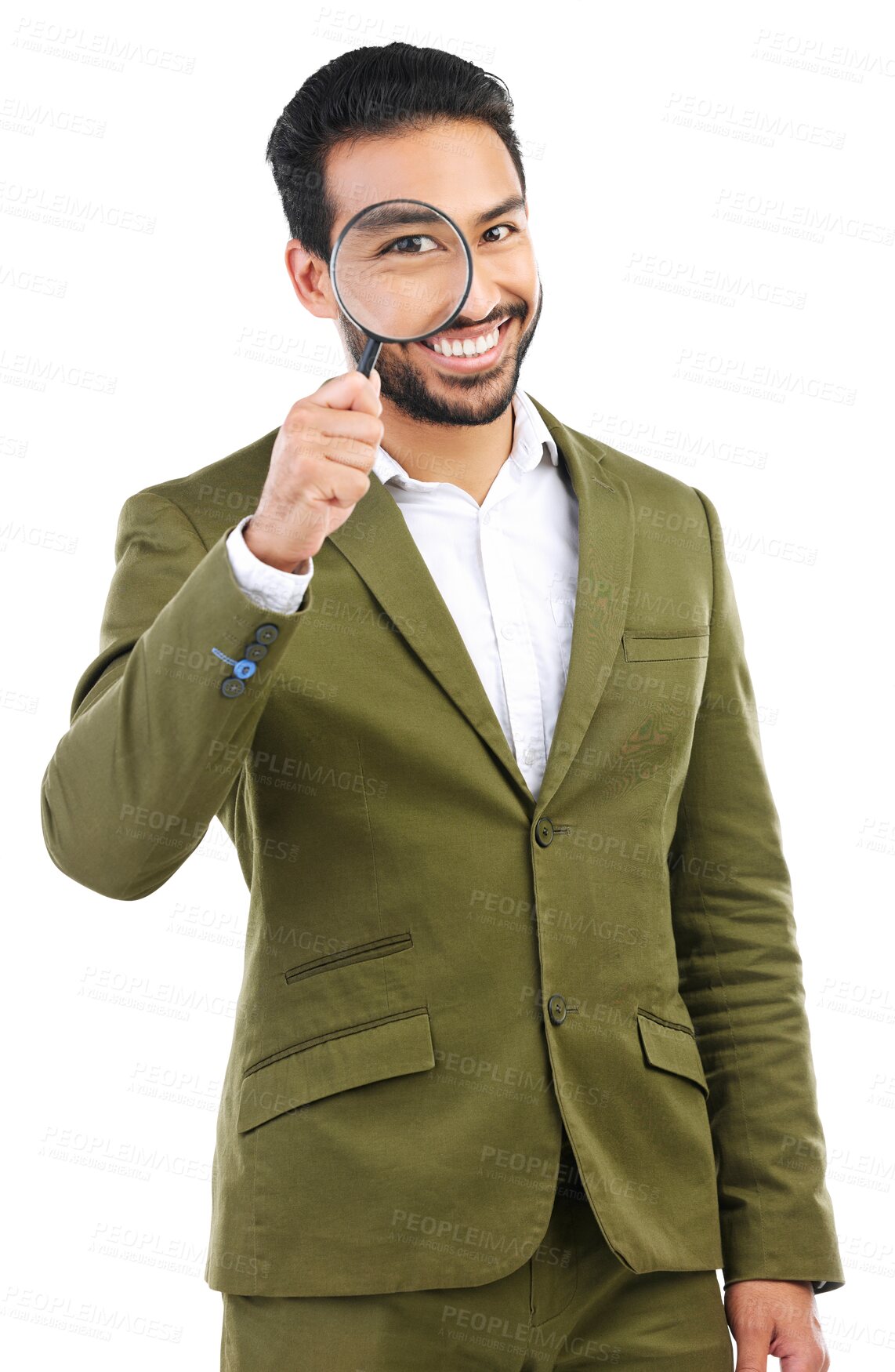 Buy stock photo Magnifying glass, eye and portrait of business man smile for corporate investigation, tax audit or company inspection. Magnifier, surveillance and person spy isolated on transparent, png background