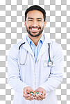 Pharmacist portrait, studio drugs or happy man with pharmaceuticals, pills or medicine supplement. Healthcare support, medical pharmacy or male doctor with prescription medication on white background