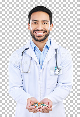 Buy stock photo Doctor, pills and portrait of man with medicine on isolated, png and transparent background. Healthcare, hospital and male worker with tablets or medication for wellness, medical care and service