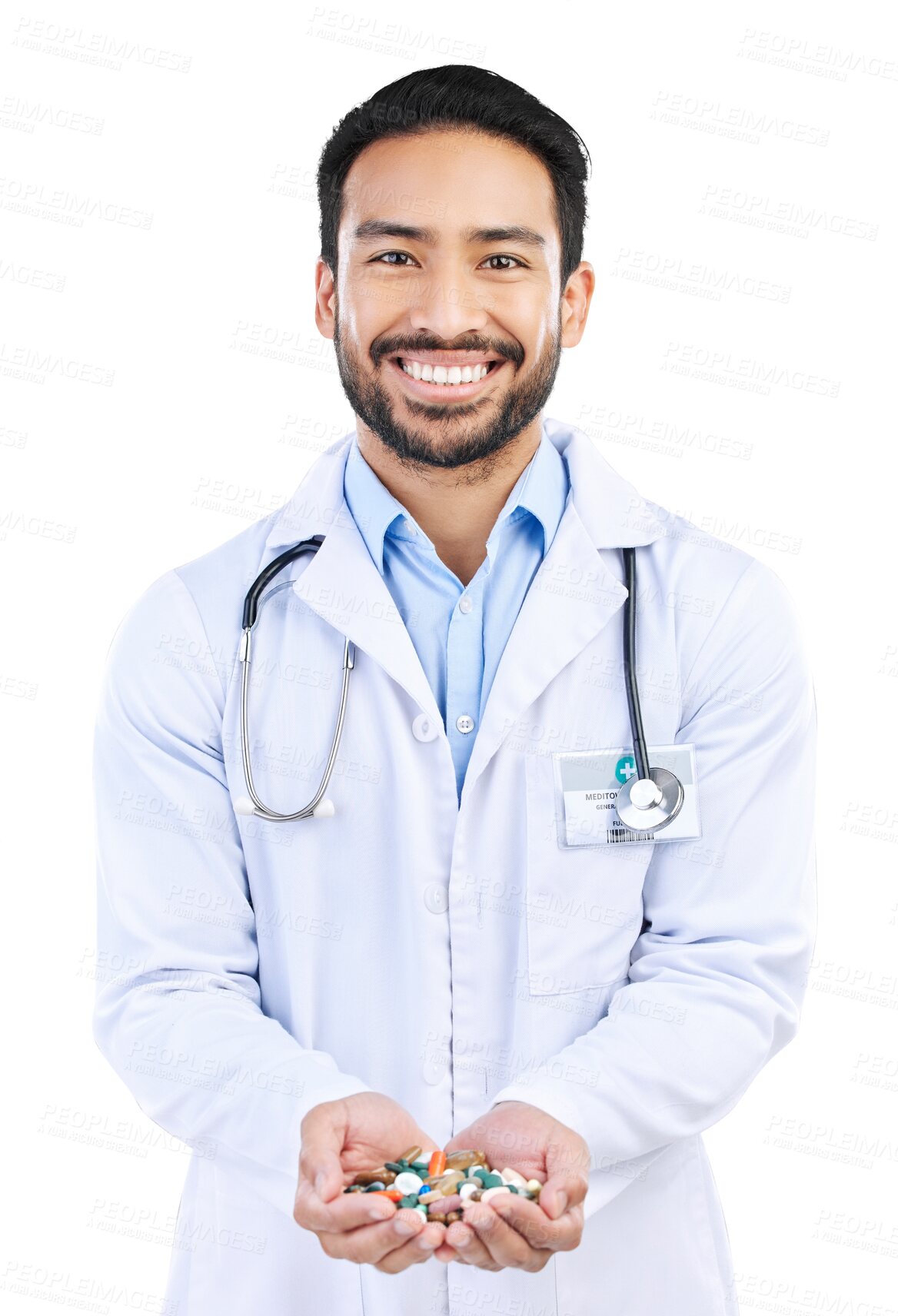 Buy stock photo Doctor, pills and portrait of man with medicine on isolated, png and transparent background. Healthcare, hospital and male worker with tablets or medication for wellness, medical care and service