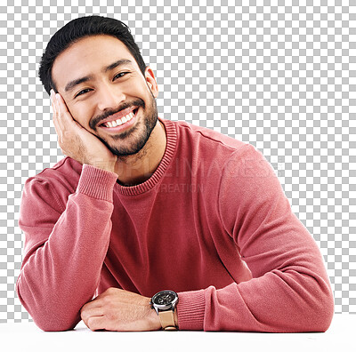 Buy stock photo Happy, man and portrait, relax and smile with pride and attractive with casual clothes isolated on transparent png background. Calm, happiness and chill with young male person and trendy style