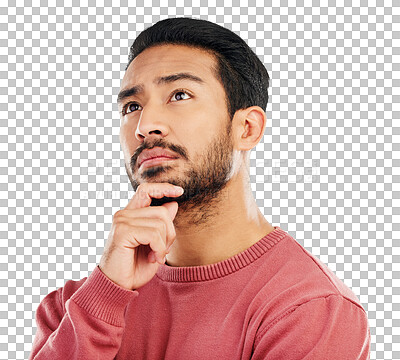 Buy stock photo Thinking, choice and confused asian man with questions on isolated, transparent and png background. Why, decision and male face with doubt, solution or brainstorming, problem solving or how to emoji