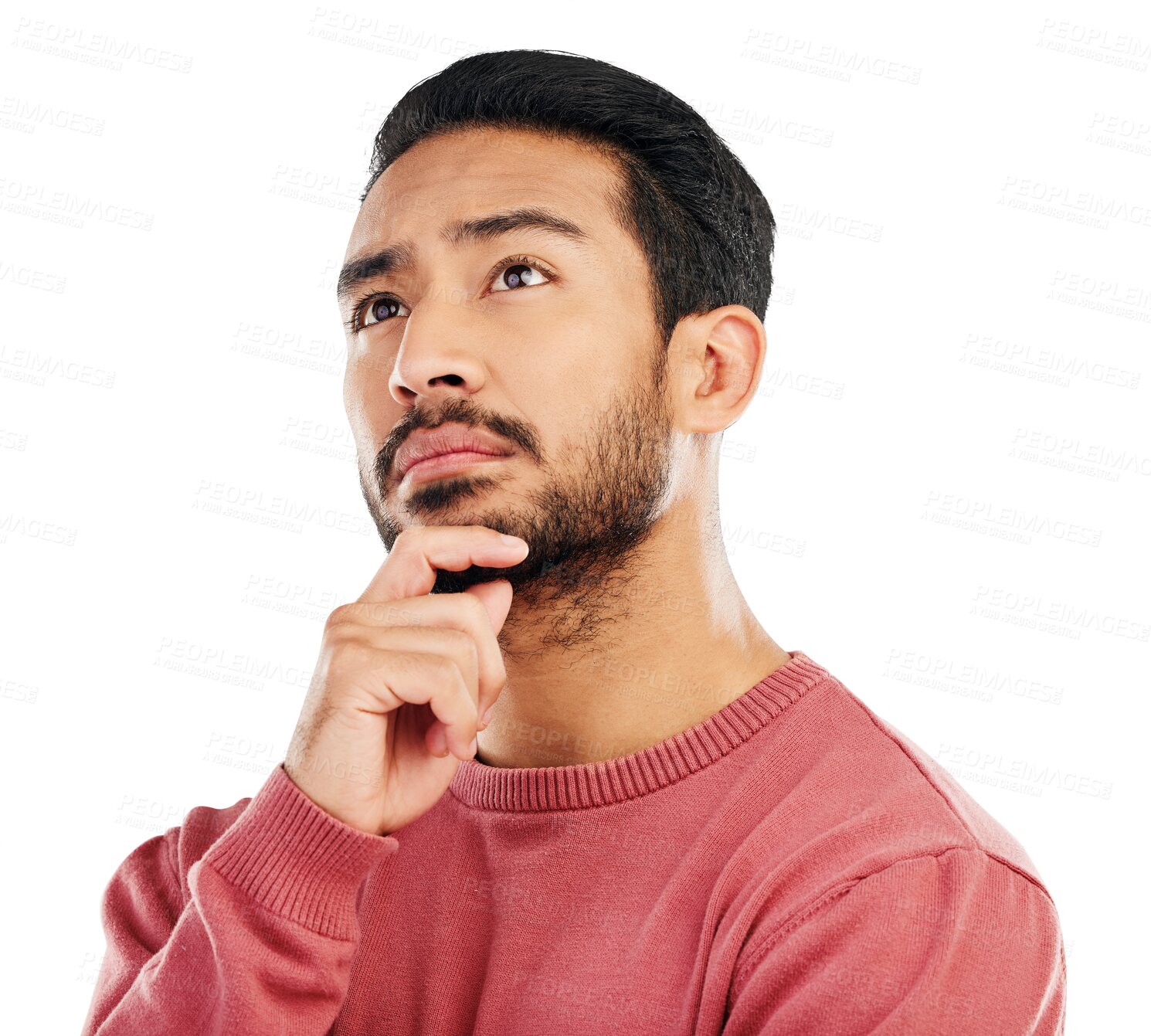 Buy stock photo Thinking, choice and confused asian man with questions on isolated, transparent and png background. Why, decision and male face with doubt, solution or brainstorming, problem solving or how to emoji