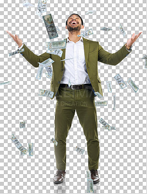 Buy stock photo Businessman, money rain and financial freedom for winning bonus isolated on a transparent PNG background. Happy asian man or employee with falling cash for finance loan, savings or investment growth