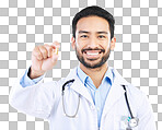 Doctor portrait, studio pills or happy man with pharmaceuticals, drugs or medicine supplement. Healthcare support, medical pharmacy or male pharmacist with prescription medication on white background