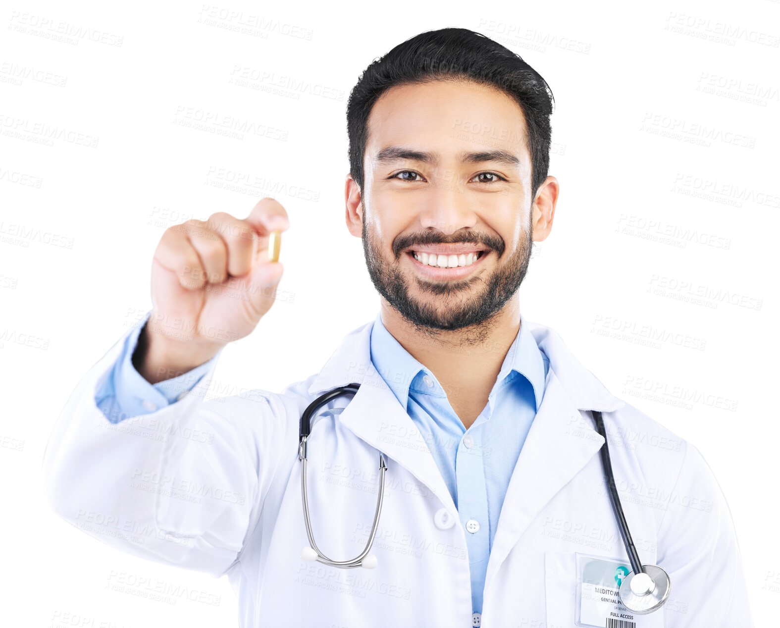 Buy stock photo Tablet pills, portrait doctor or happy man with medicine, hospital product or medical healthcare for recovery. Supplements, pharmaceutical or male surgeon face isolated on transparent, png background