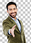 Portrait, man or happy hand shake gesture for studio investment deal, b2b contract or business acquisition  agreement. Human resources, hiring welcome or HR shaking hands isolated on gray background

