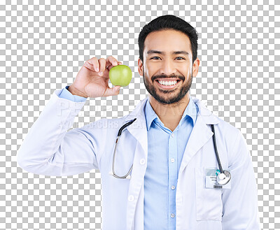 Buy stock photo Happy asian man, portrait and doctor with apple in healthy diet isolated on a transparent PNG background. Male person, medical or healthcare professional smile with organic fruit in natural nutrition