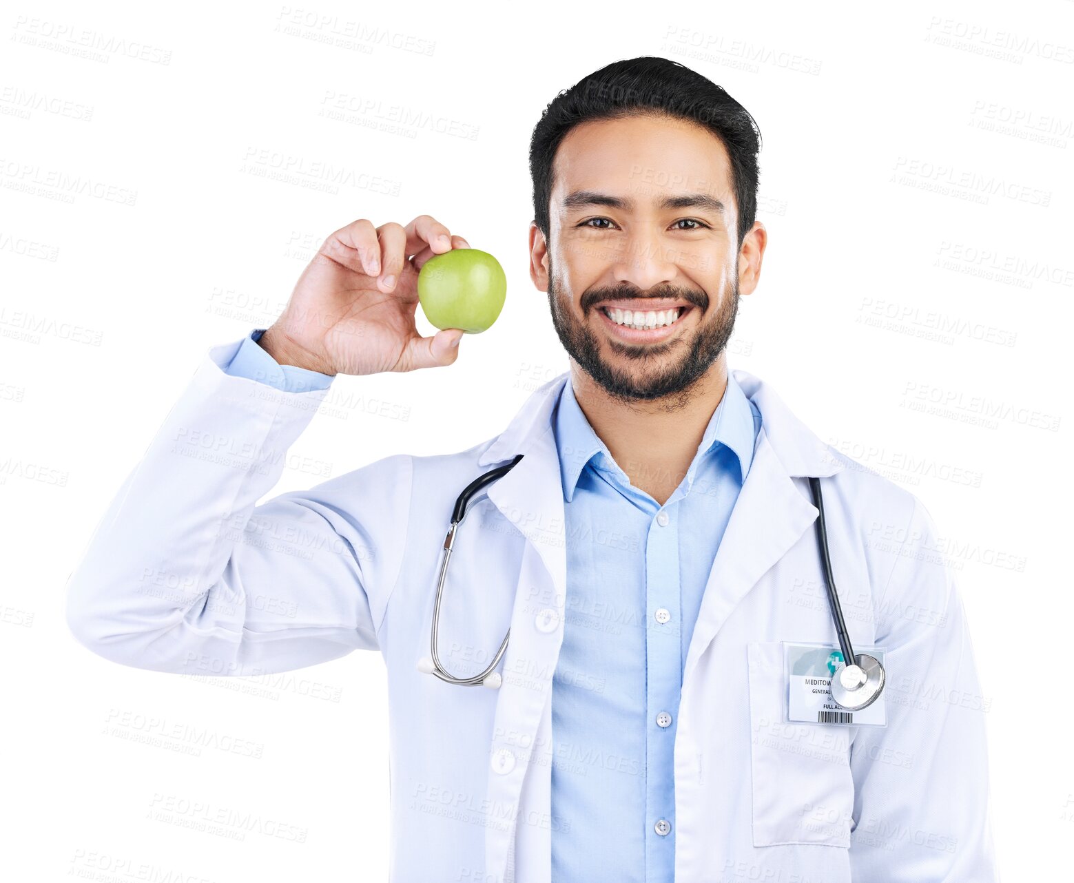 Buy stock photo Happy asian man, portrait and doctor with apple in healthy diet isolated on a transparent PNG background. Male person, medical or healthcare professional smile with organic fruit in natural nutrition