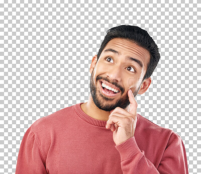 Buy stock photo Thinking, surprise and man with ideas, opportunity and solution isolated on transparent png background. Fantasy, young male with happiness and questions, wow and why with shock, decision and mindset