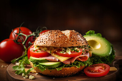 Buy stock photo Food, catering and avocado with ham bun on table for restaurant, bakery and hospitality. Ai generated nutrition, diet and cooking with British cuisine on background for kitchen and coffee shop