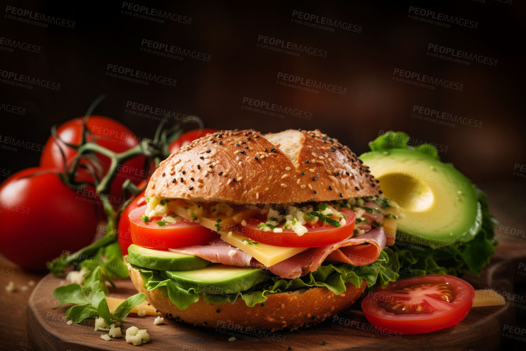 Buy stock photo Food, catering and avocado with ham bun on table for restaurant, bakery and hospitality. Ai generated nutrition, diet and cooking with British cuisine on background for kitchen and coffee shop