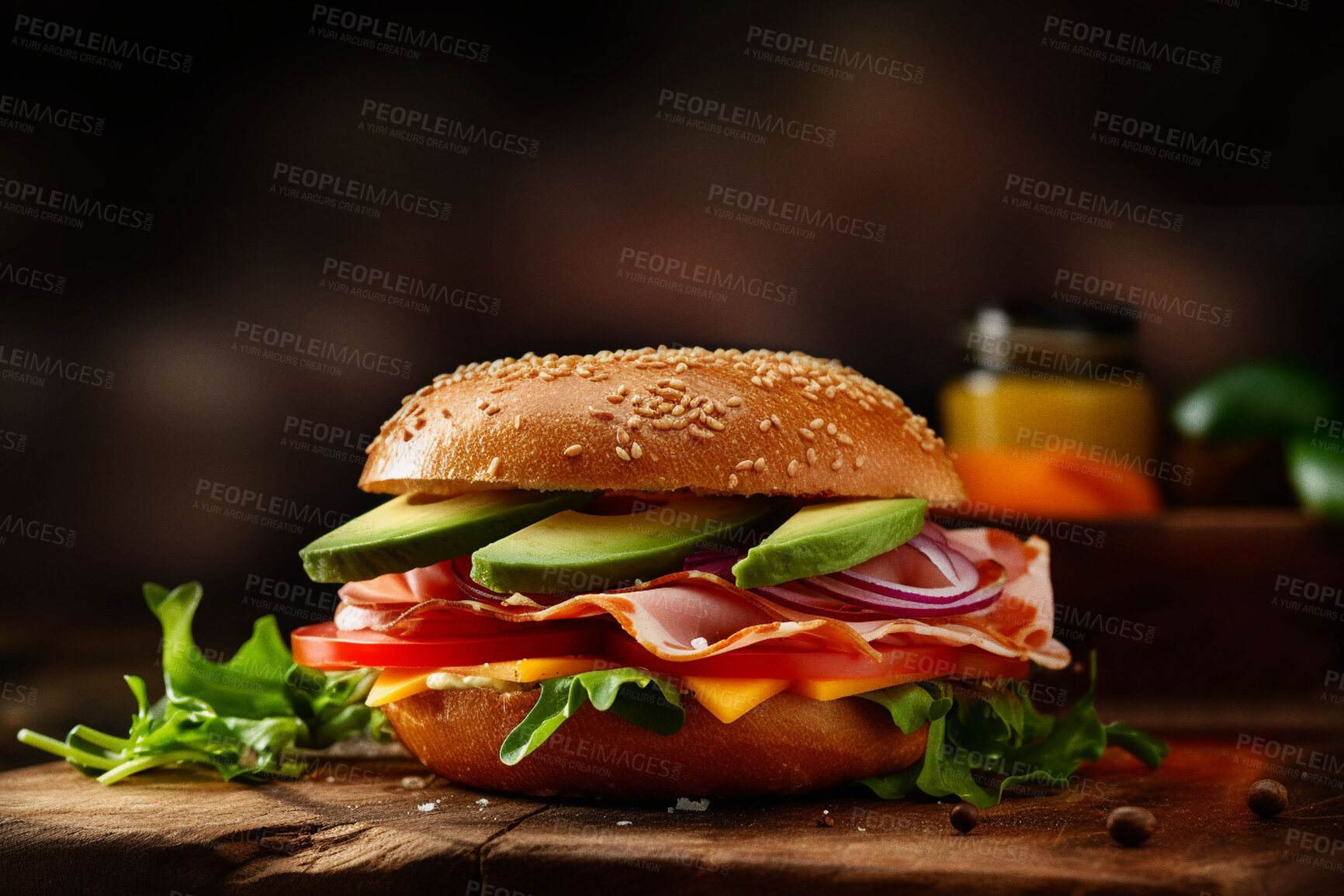 Buy stock photo Food, catering and health with ham bun on table for restaurant, bakery and hospitality. Ai generated nutrition, diet and cooking with British cuisine in studio background, kitchen and coffee shop