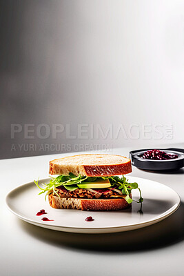 Buy stock photo Food, catering and healthy avocado sandwich on table for restaurant, bakery and hospitality. Ai generated nutrition, diet and cooking with Australia cuisine on background for kitchen and coffee shop