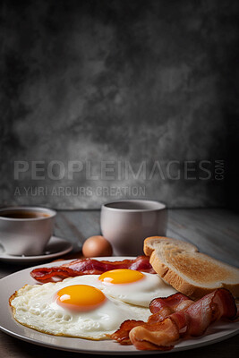 Buy stock photo Food, catering or meal with English breakfast on table for restaurant, cafe or hospitality. Ai generated nutrition, diet and cooking with British cuisine on background for egg, kitchen or coffee shop