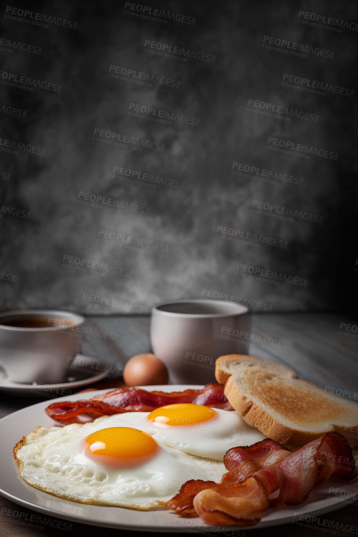 Buy stock photo Food, catering or meal with English breakfast on table for restaurant, cafe or hospitality. Ai generated nutrition, diet and cooking with British cuisine on background for egg, kitchen or coffee shop