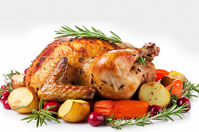 Food, catering and thanksgiving with turkey in studio for restaurant, festive or hospitality. Ai generated nutrition, diet and cooking with American cuisine on white background for kitchen or holiday