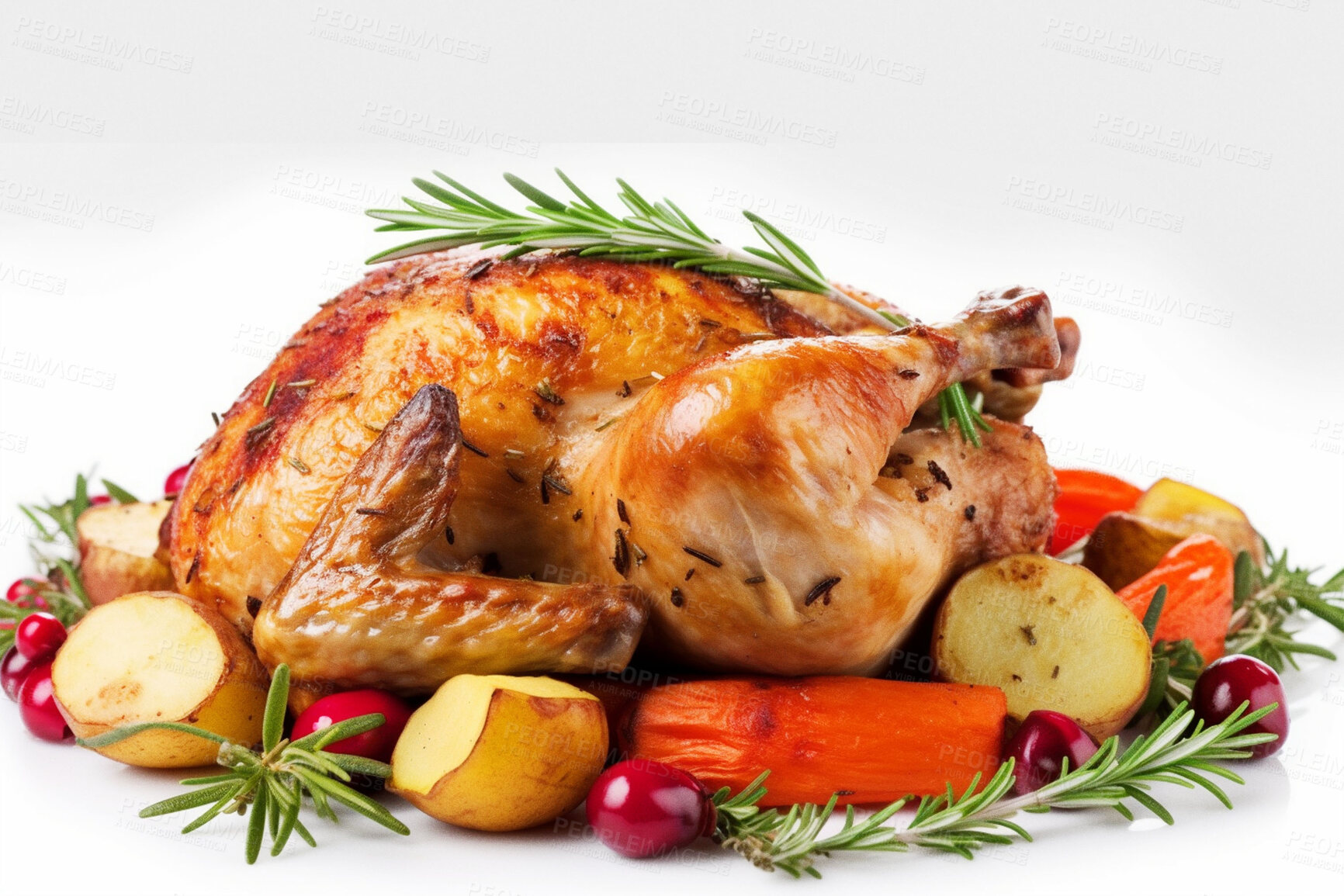 Buy stock photo Food, catering and thanksgiving with turkey in studio for restaurant, festive or hospitality. Ai generated nutrition, diet and cooking with American cuisine on white background for kitchen or holiday