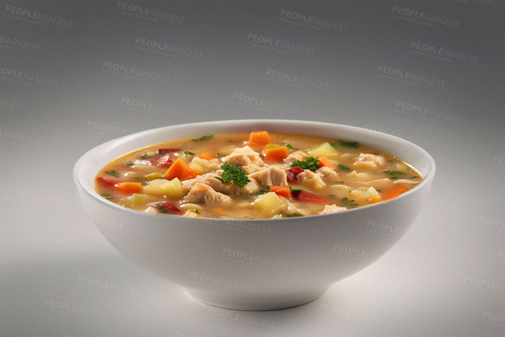 Buy stock photo Food, catering and health with chicken noodle soup for restaurant, cafe and hospitality. Ai generated nutrition, diet and cooking with American cuisine in studio background for kitchen or coffee shop