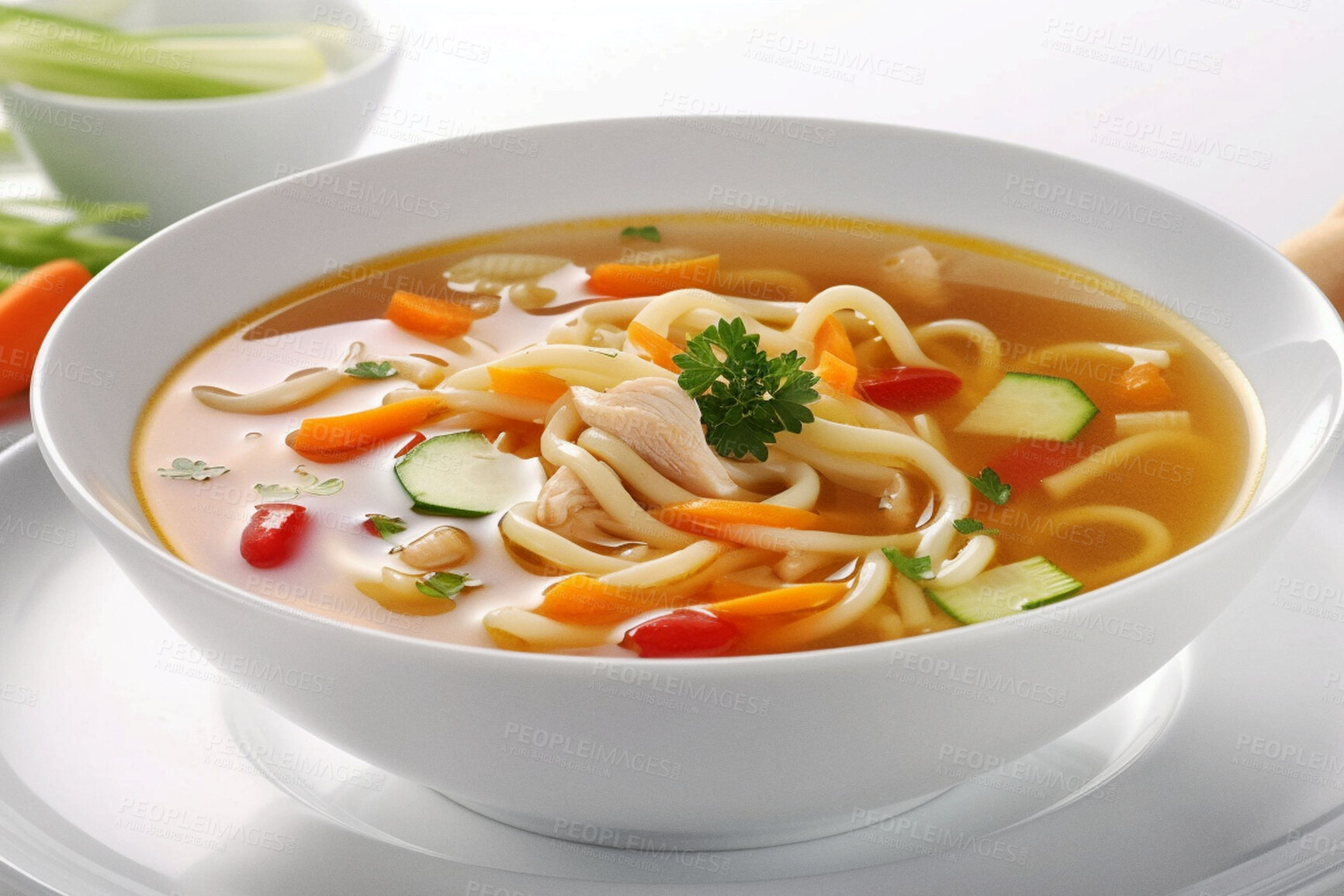 Buy stock photo Food, catering and health with noodle soup on table for restaurant, cafe or hospitality. Ai generated nutrition, diet and cooking with American cuisine in studio background for kitchen or coffee shop