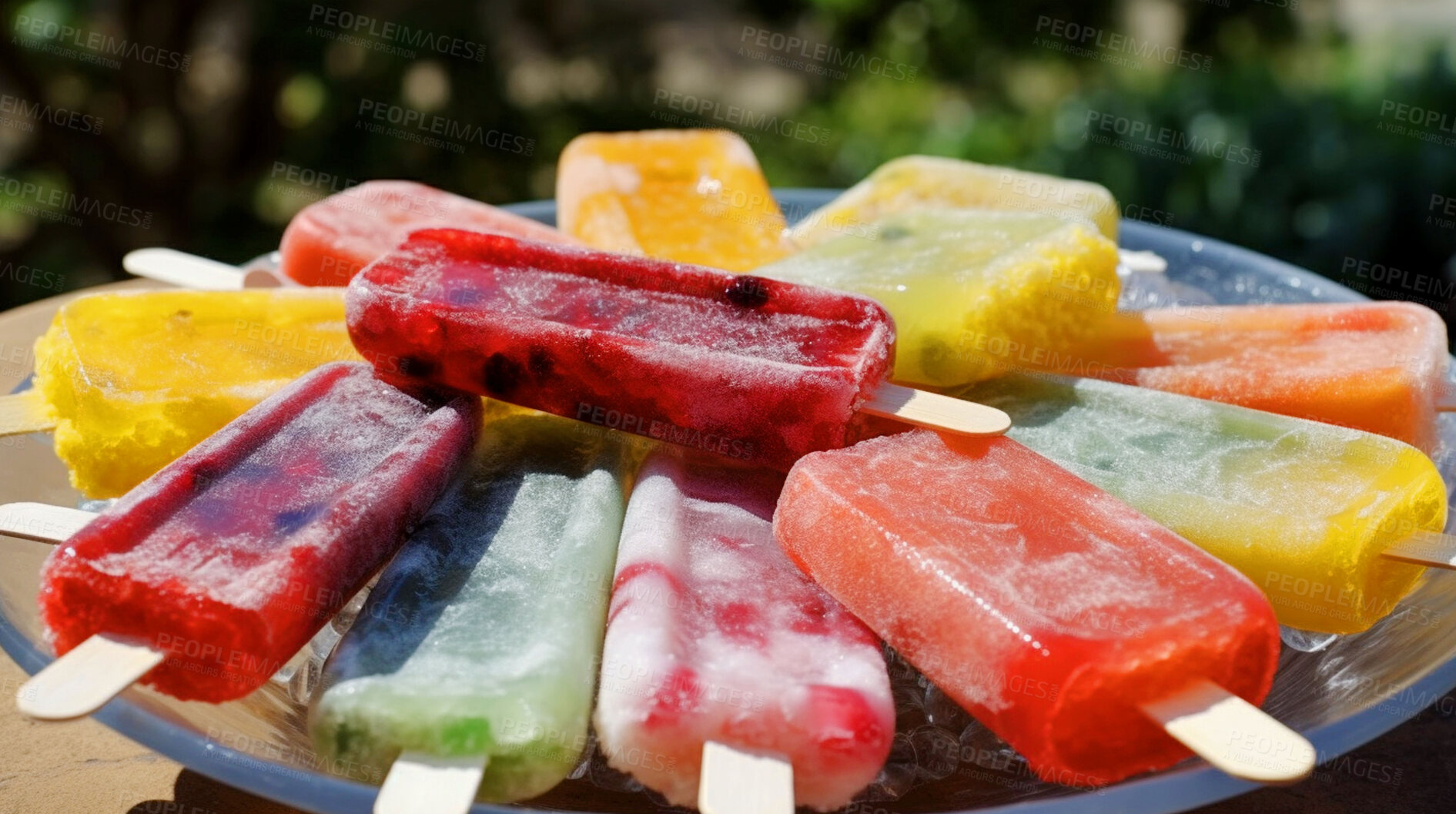 Buy stock photo Food, dessert and gelato with popsicle in nature for nutrition, wellness and diet. Ai generated, sweets and cafe snack with confectionery sorbet on leaf background for ice cream, health and summer