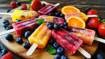 Food, dessert and fruit with popsicle on table for nutrition, wellness and diet. Ai generated, sweets and cafe snack with confectionery sorbet on  background for ice cream, health and summer