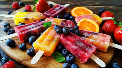 Food, dessert and fruit with popsicle on table for nutrition, wellness and diet. Ai generated, sweets and cafe snack with confectionery sorbet on background for ice cream, health and summer