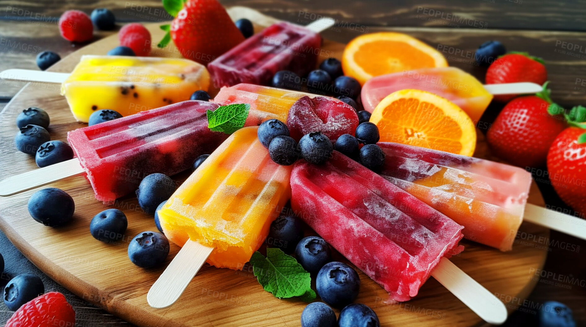 Buy stock photo Food, dessert and fruit with popsicle on table for nutrition, wellness and diet. Ai generated, sweets and cafe snack with confectionery sorbet on  background for ice cream, health and summer