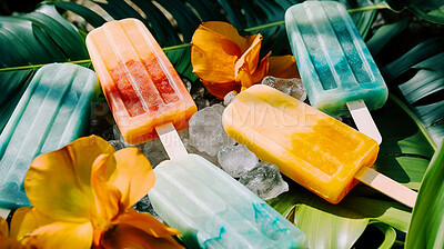 Food, dessert and ice cream with popsicle in nature for nutrition, wellness and diet. Ai generated, sweets and cafe snack with confectionery sorbet on leaf background for gelato, health and summer