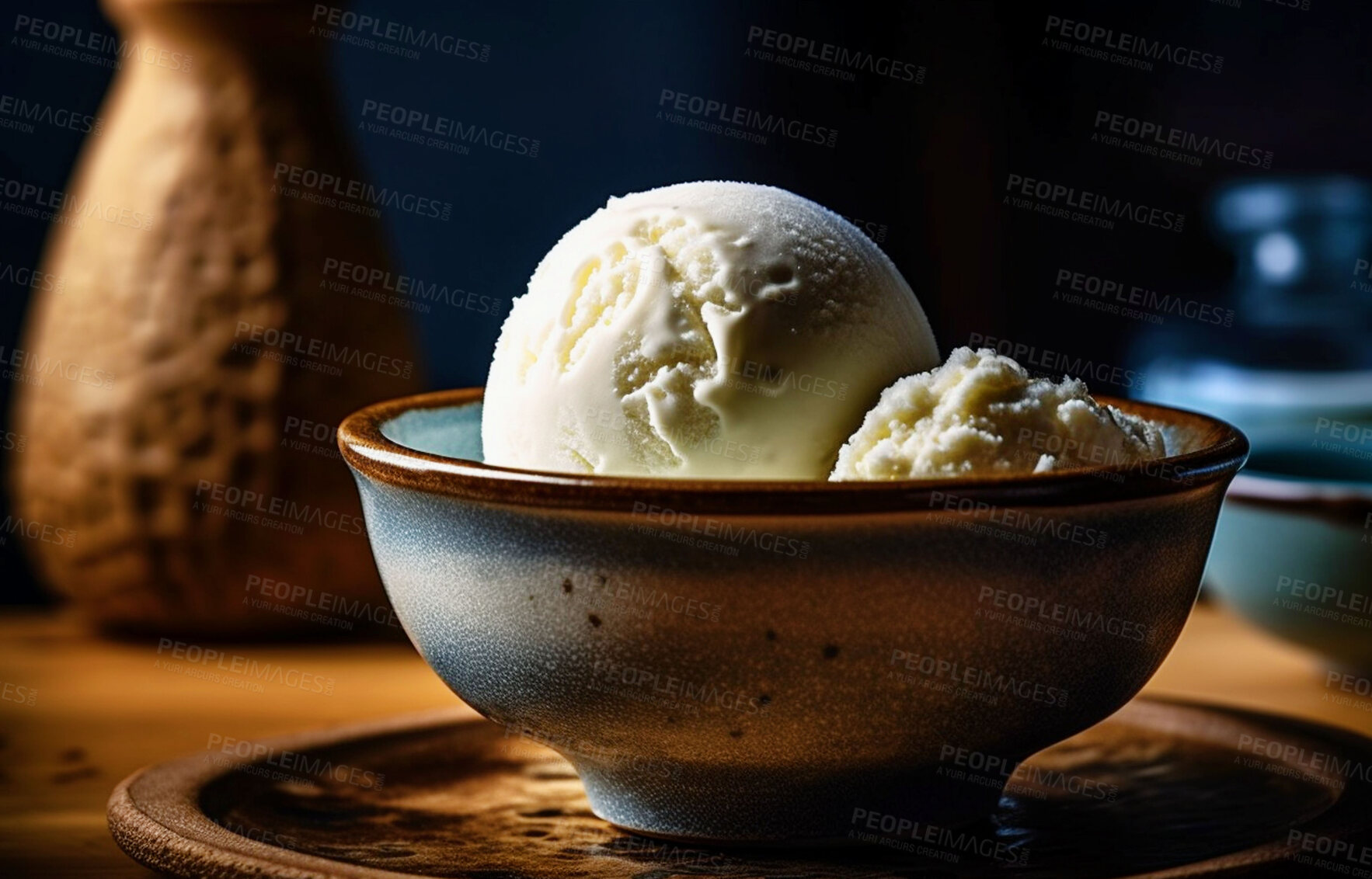 Buy stock photo Gelato, dessert and food with ice cream on table for nutrition, wellness and diet. Ai generated, sweets and cafe snack with confectionery sorbet on background for fruit, health and summer