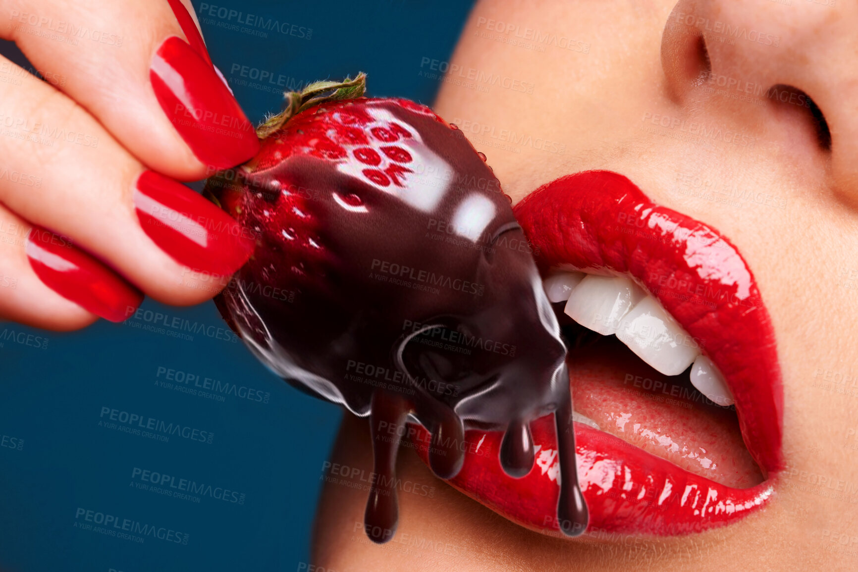 Buy stock photo Chocolate, strawberry and closeup of lips with woman and eating for candy, sweets and dessert. Makeup, cosmetics and confectionery with mouth of person on blue background for fruit, food and treat