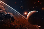 Space, planets and armageddon in night solar system, universe and galaxy with neptune, mars and pluto. Ai generated, background and futuristic cosmos in orbit, dark sky and astronomy atmosphere