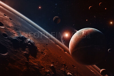 Buy stock photo Space, planets and armageddon in night solar system, universe and galaxy with neptune, mars and pluto. Ai generated, background and futuristic cosmos in orbit, dark sky and astronomy atmosphere